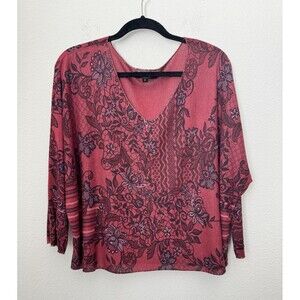 A.Z.I New York Women's V Neck Floral Blouse Metallic Accent 3/4 Sleeve Size 3